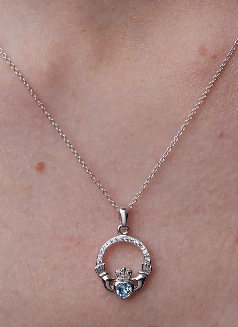 Claddagh Aquamarine Birthstone Pendant With Swarovski Crystals - March